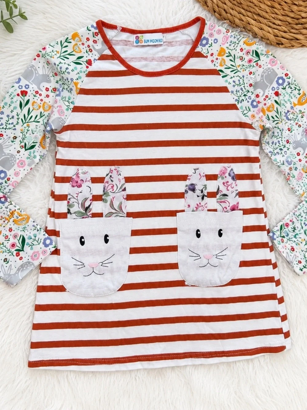 Sun Moon Kids Boutique Toddler Girl Mixed Media Long Sleeve Dress Bunnies Floral